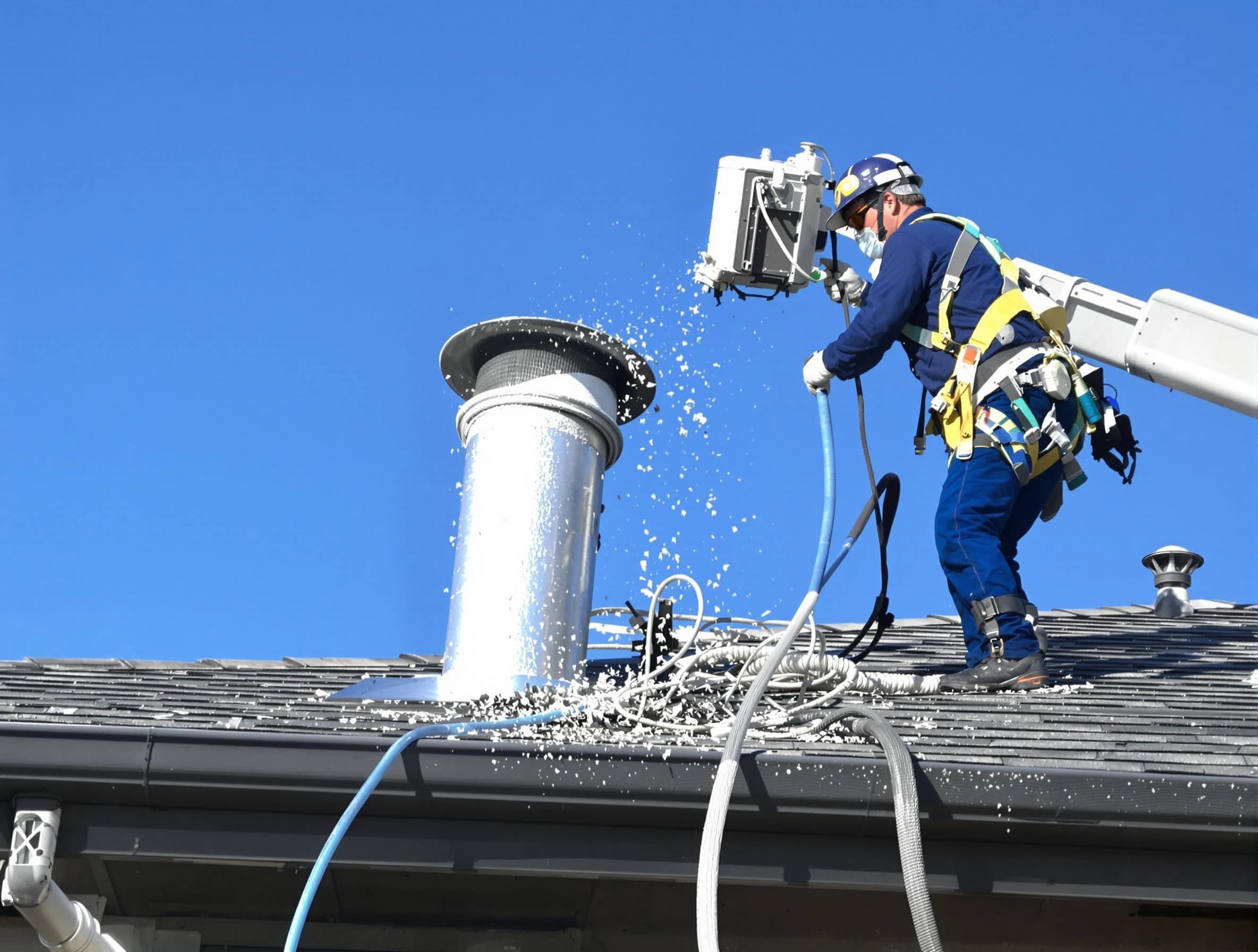 Melrose Dryer Vent Cleaning certified technician safely cleaning a roof-mounted dryer vent in Melrose